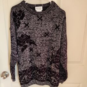 Adolfo Black & Gray Floral Jacquard Crewneck Sweater